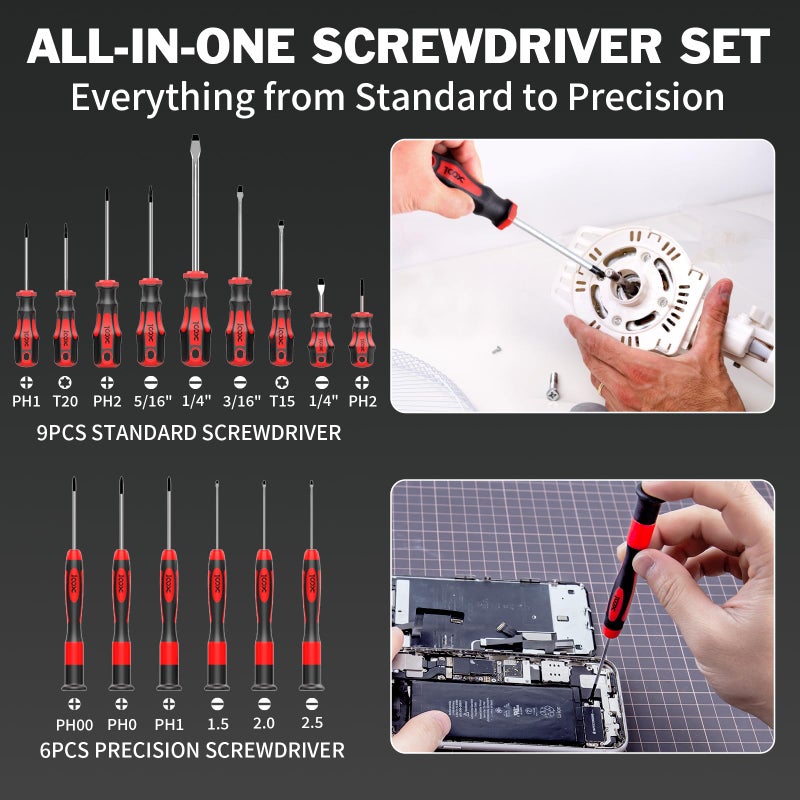 XOOL 42PCS Magnetic Screwdriver Set with Case, Torx Phillips Flat Hex Pozi Non-Slip Magnetic Tips Screwdriver Set - Image 3